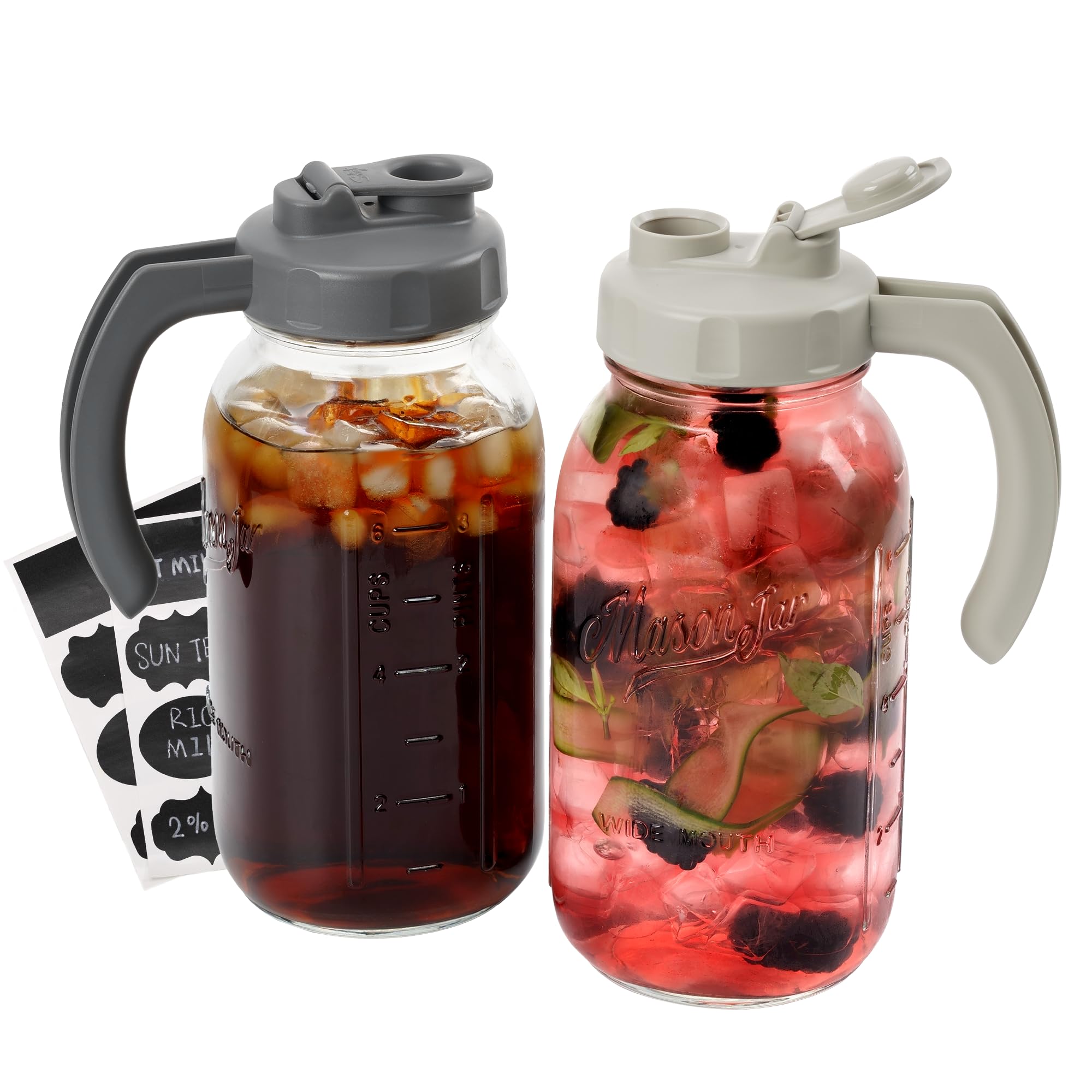 Soligt Glass Mason Jar Pitcher with Lid, Wide Mouth Flip Cap Pour Spout Leak-proof Lid with Handle, 64 oz/2 Quart, for Iced Coffee/Sun Tea Juice/Cold Brew/Milk (2 Pack, Dark Gray + Light Gray)