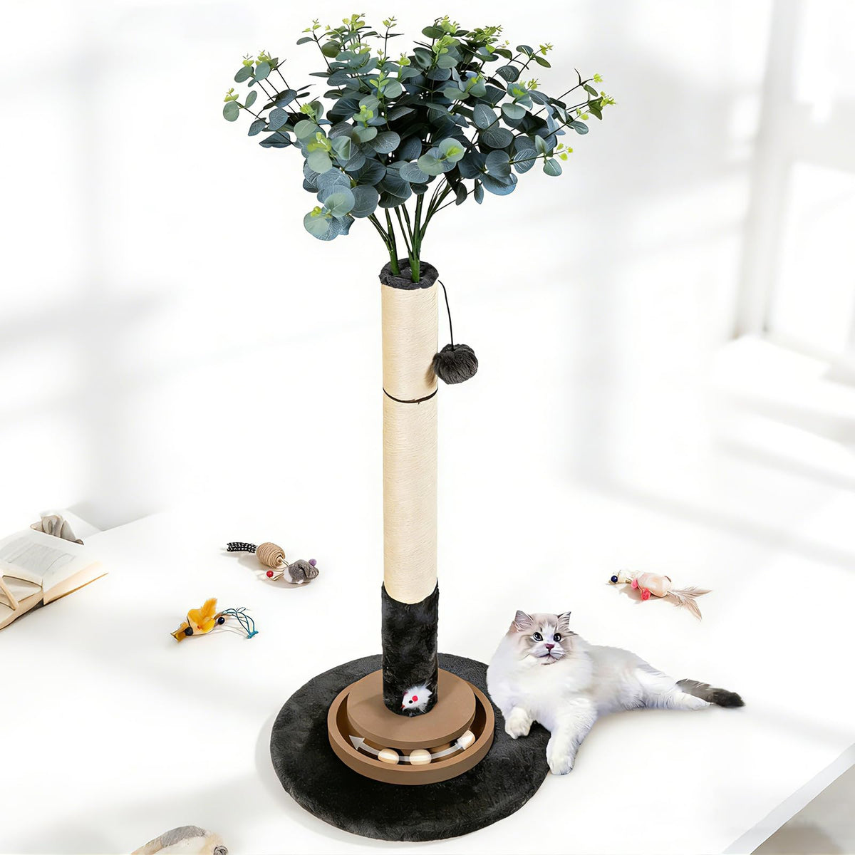 35 Inch Cat Scratching Post, Eucalyptus Sisal Rope Cat Tree Tower with Hanging Ball & Interactive Mouse Toy, Durable Scratcher for Indoor Adult Cats