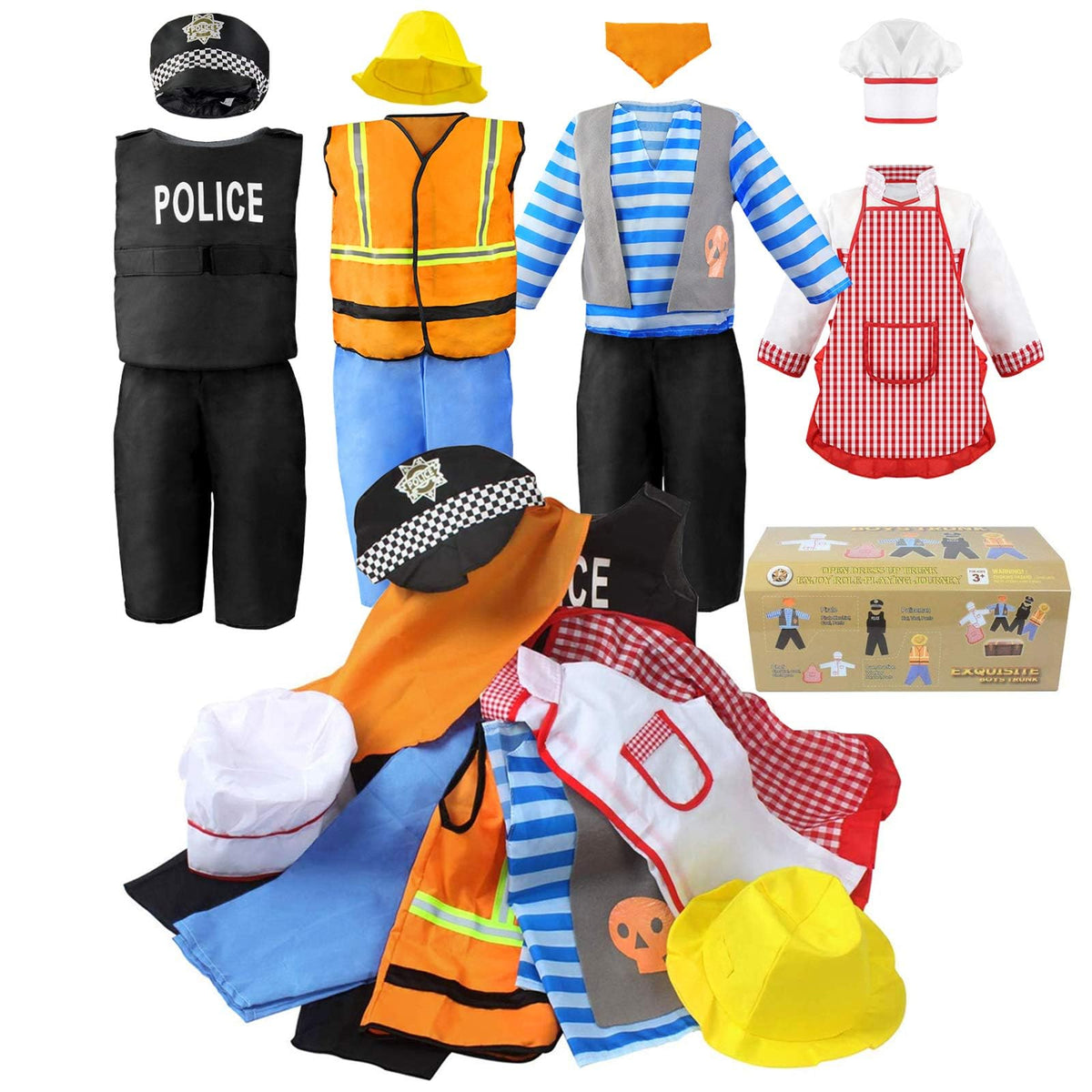 Jeowoqao Boy's Dress Up Costumes Set, Kids Role Play Set 11pcs Dress Up Trunk Pirate, Chef, Construction Worker, Policeman Costume For Kids Girls Toddler Age 3 4 5 6 Christmas Birthday Gift