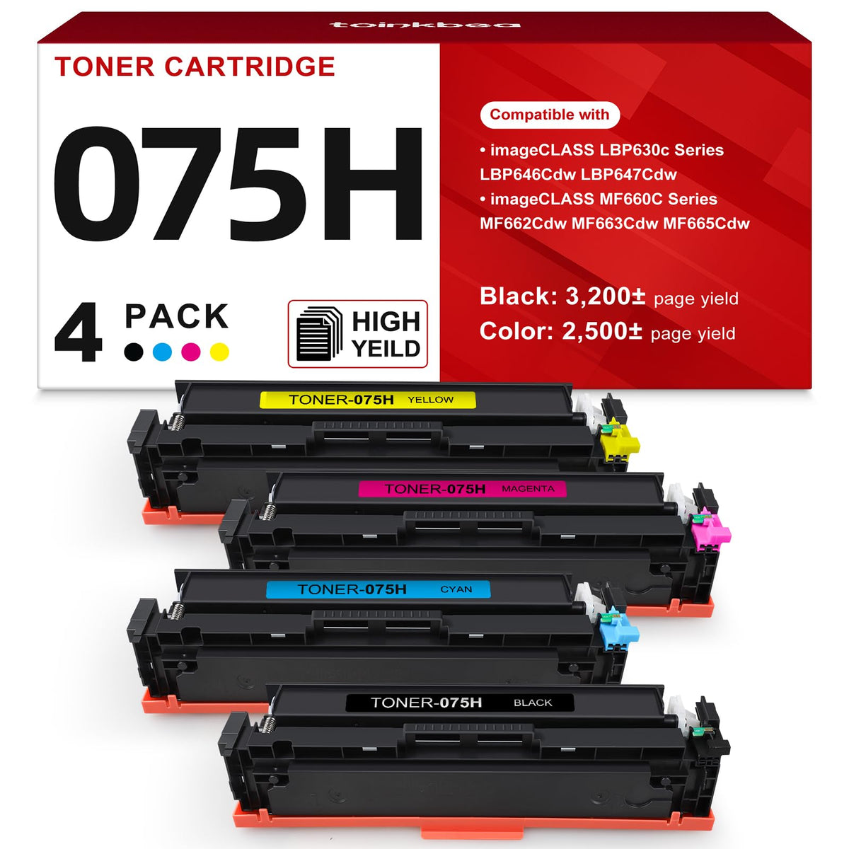 075H High Capacity Toner Cartridge MF665CDW Compatible Replacement for Canon 075H 075 H toner cartridge set for imageCLASS MF665Cdw MF663Cdw MF662Cdw LBP646Cdw LBP647Cdw MF660C LBP640C Printer, 4-Pack