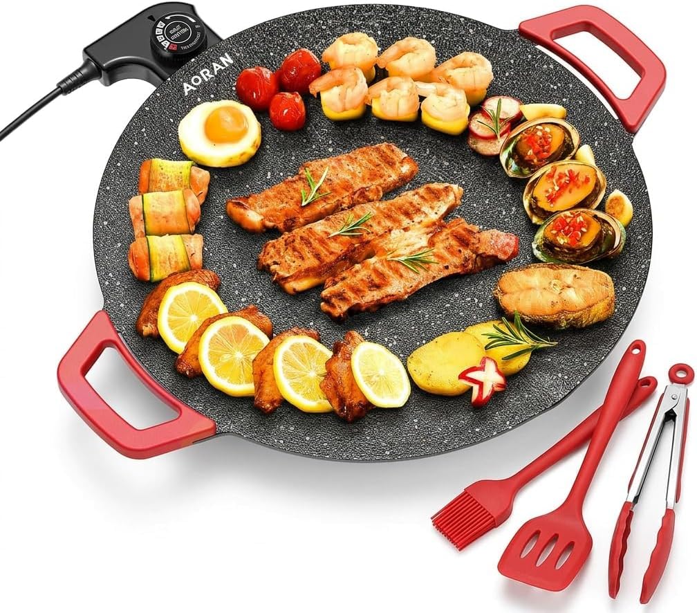 AORAN Indoor Grill Electric Smokeless Set – Nonstick Electric Griddle for Indoor Use, Compact & Versatile Cooking for Steaks, Pancakes & BBQ, Includes Silicone Spatula, Oil Brush & Food Tongs