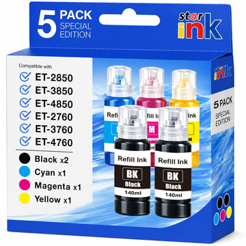 Compatible Ink Refill Bottles Replacement for EPSON 502 Ink Refill Bottles High Capacity, Work with Epson EcoTank ET-2850 ET-3850 ET-4850 ET-15000 ET-3760 ET-2760 Printers (5-Pack,2BK,CMY)