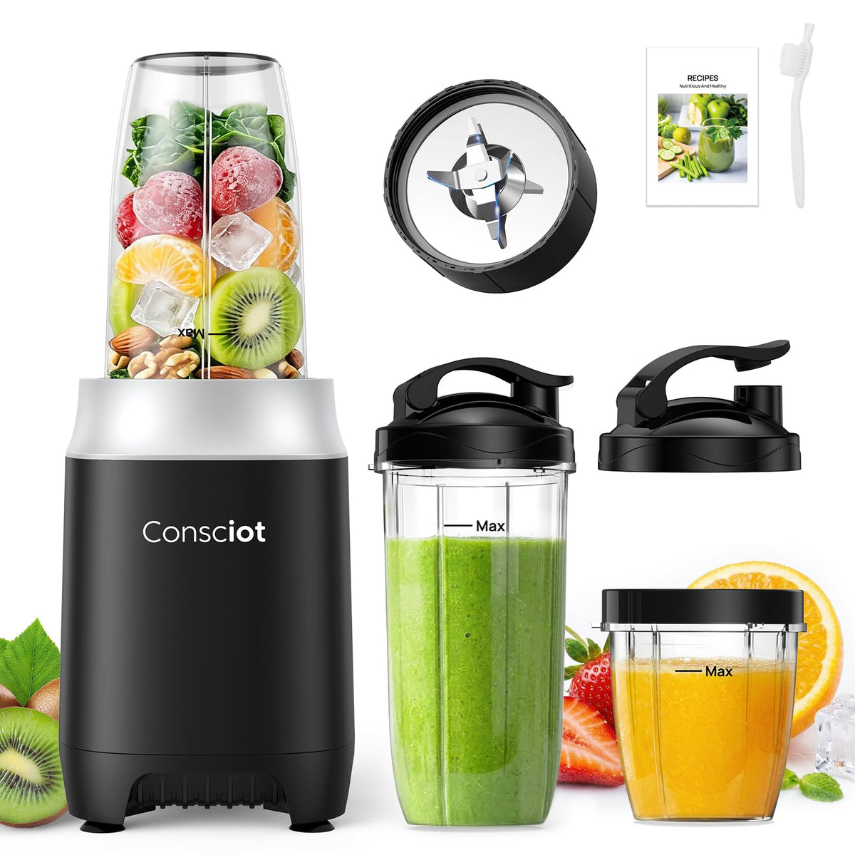 Consciot CB10 11Pcs Personal and Countertop Blender Combo, Make Shakes and Smoothies, Frozen Drinks, Baby Food, Spreads & More, 3 Portable BPA Free To-Go Cups, 2 Spout-Lids & 1 Flat-Lid, 900 Peak Watt
