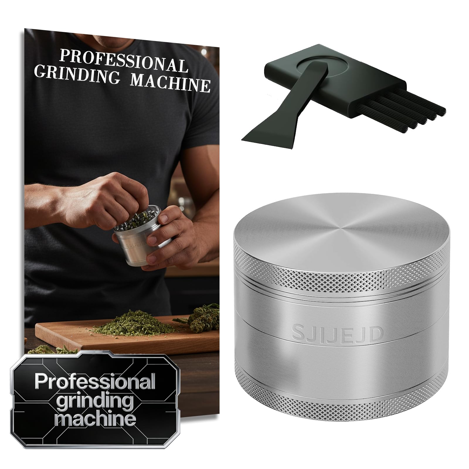 Spice Crusher 3.0 Inch Aluminum Alloy Manual Grinder for Salt, Pepper & Spices Portable 4 Piece with Pollen Catcher, Mesh Screen & Strong Magnetism (Black and Grey)