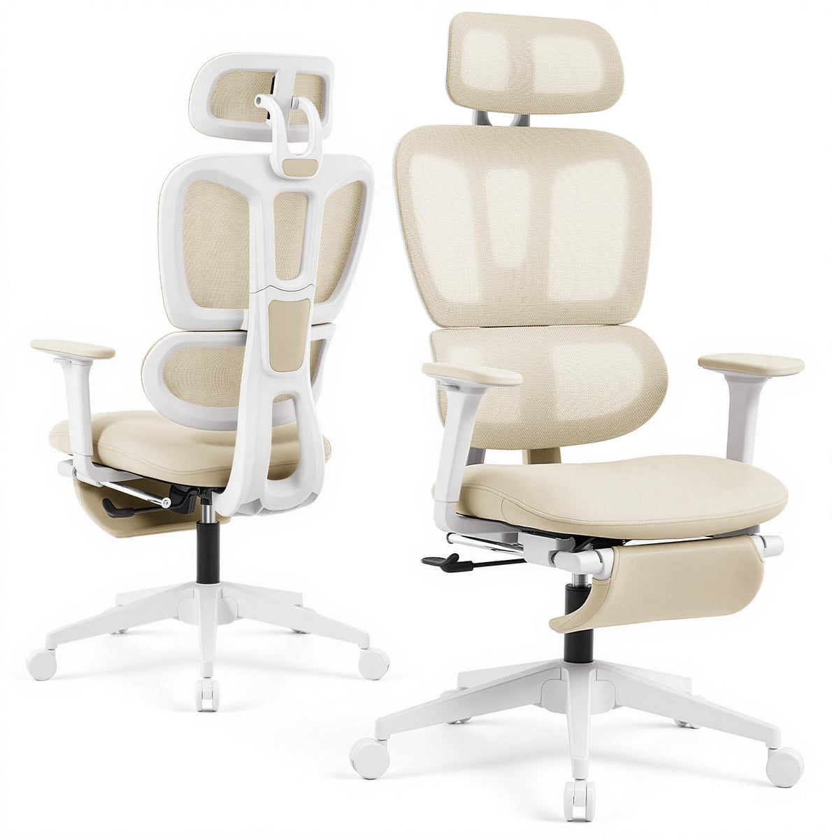 Ergonomic Office Chair with Footrest and Dynamic Lumbar Support, Cream, High Back, Beige