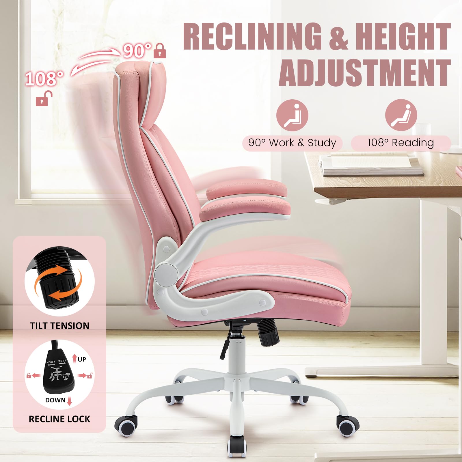 Furnistyle Leather Office Chair, Computer Desk Chair with Lumbar Support,height Adjustment, Comfortable Excutive Task Chairs 400lbs with Padded