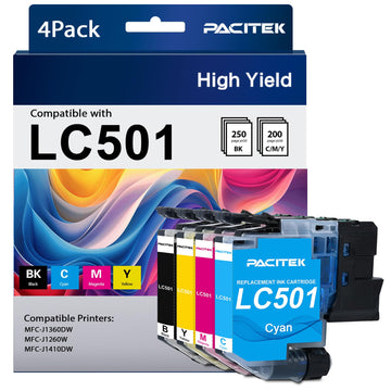 LC501 Ink Cartridges Replacement for Brother LC501XL Ink Cartridges LC 501 High Yield MFC-J1360DW Ink Cartridge for Brother Work Smart MFC-J1360DW MFC-J1260DW MFC-J1410DW Printer (4 Pack BCMY)