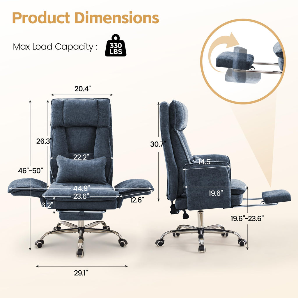 Hubson Big and Tall Office Chair, Footrest & Flip Armrest for Pets, Blue, Chenille