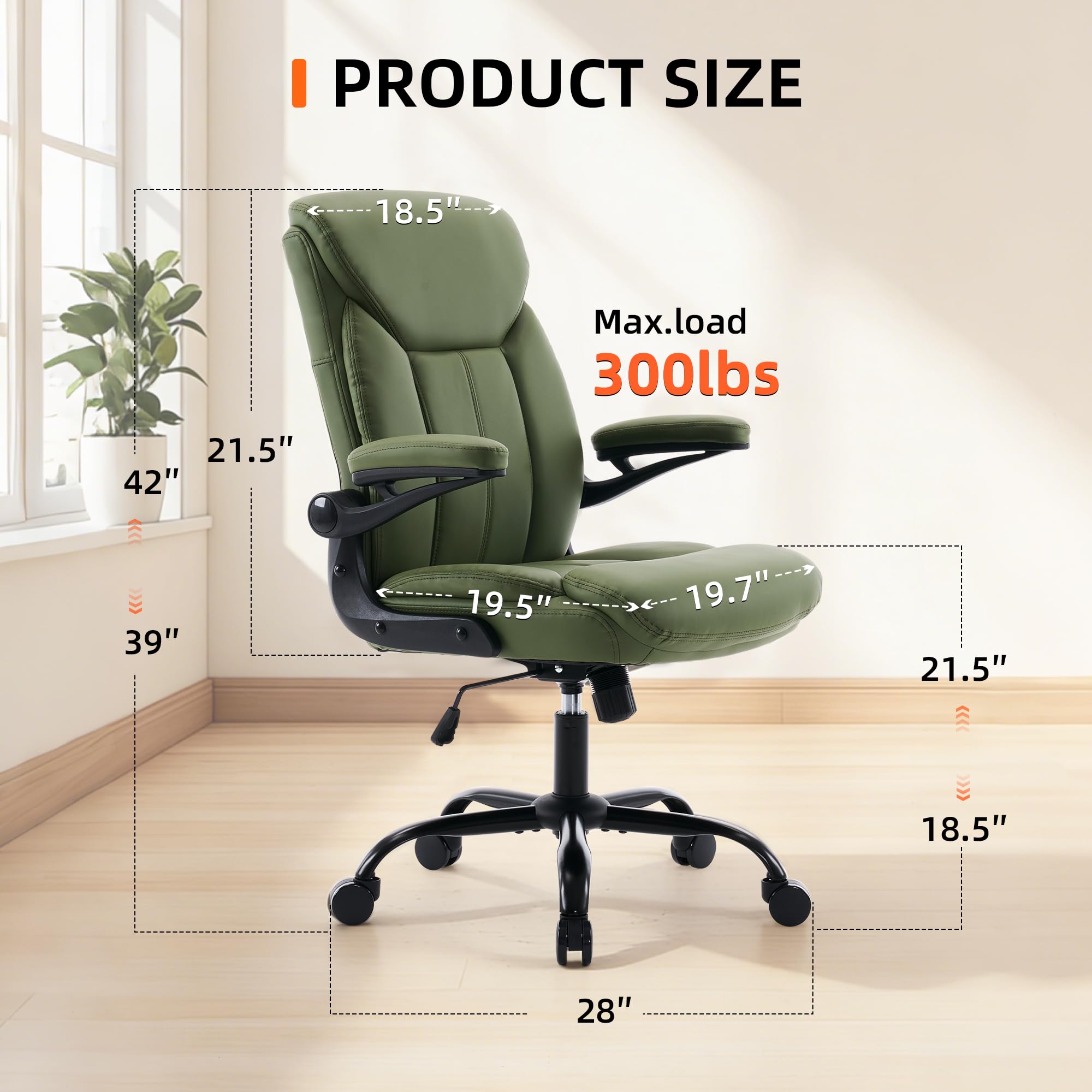 Fmolat Ergonomic Home Office Chair Pu Leather Comfy Computer Chair, Green, 19.7"W x 19.5"D x 39"-42"H