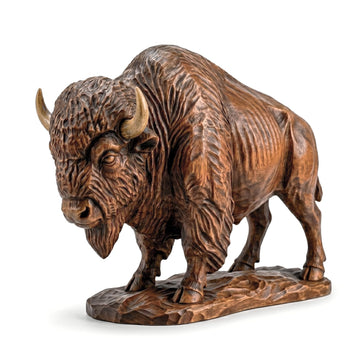 BEEBUZ Hand-Carved Wooden Bison Figurine, 3.5" Rustic Buffalo Desk Decor