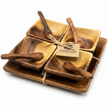 Handcrafted Acacia Wood Condiment Set with Tray & Spoons – Durable, Food-Safe, Eco-Friendly Serving Dishes for Sauces, Dips & Seasonings – Made in Hawaii