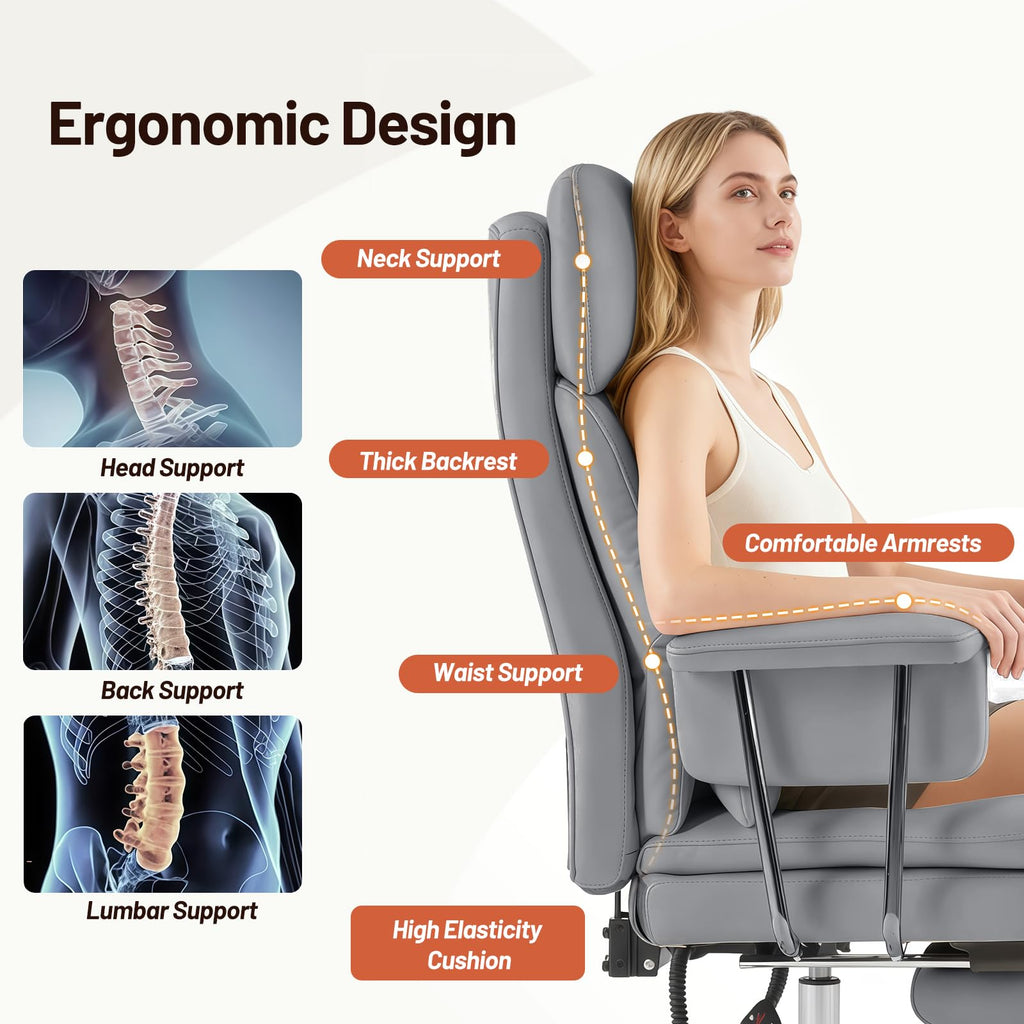 Furniliving Big and Tall Office Chair, Pu Leather High Back Executive Office Chair with Adjustable Lumbar Support, Gaming Chair with Padded Arm