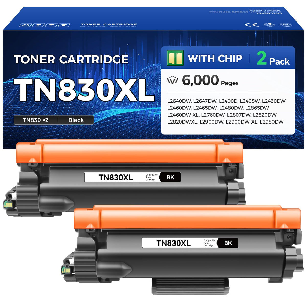TN830XL Toner Cartridge High Yield Black 2-Pack Replacement for Brother TN830XL TN830 XL Compatible for HL-L2460DW HL-L2405W HL-L2480DW MFC-L2820DW DCP-L2640DW MFC-L2900DW HL-L2400D Laser Printer Ink