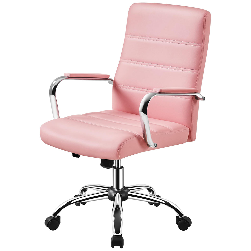 Yaheetech Pink Office Chair Pu Leather Swivel Rocking Desk Seat with Arms, 24? W × 25? D × (38-41.5)? H
