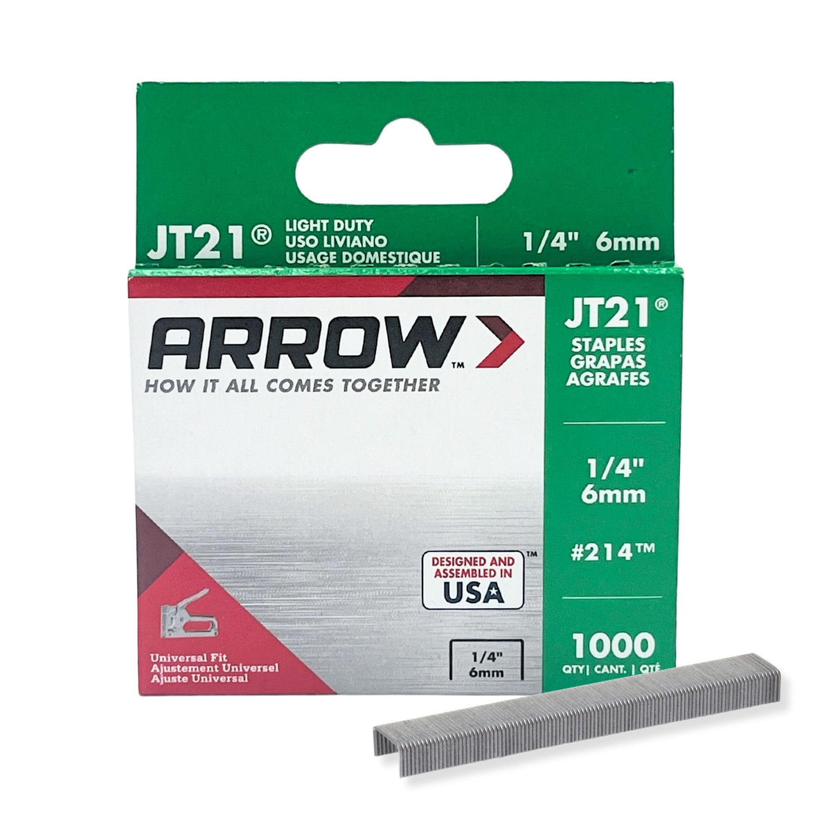Arrow 214 JT21 Thin Wire Staples for Staple Guns and Staplers, Use for Upholstery, Crafts, General Repairs, 1/4-Inch Leg Length, 7/16-Inch Crown Width, 1000-Pack, Grey