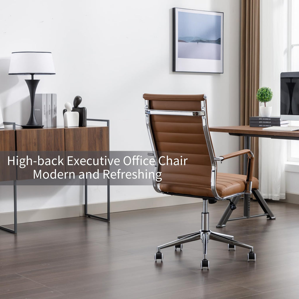Office Desk Chair Leather, Conference Room Chairs with Wheels, Executive Modern High Back Ergonomic Swivel Rolling Ribbed Computer Chair(brown)