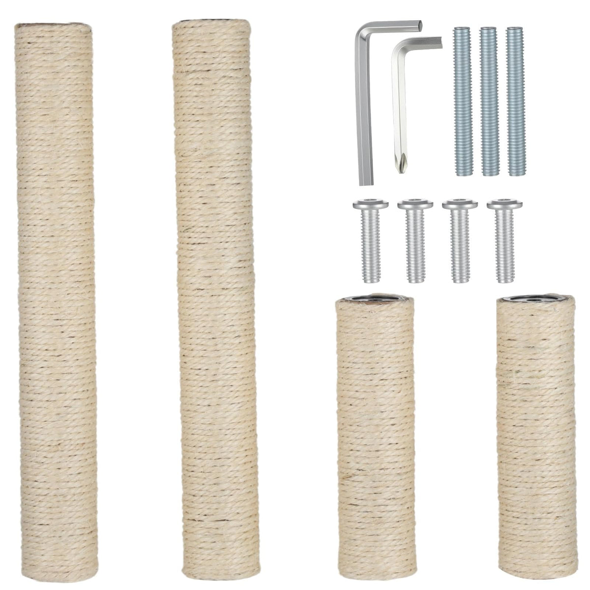 4Pcs Cat Scratching Post Replacement Pole, 15.7“ 7.9" Cat Scratcher Cat Tree Replacement Parts Natural Sisal Rope Columns with Screws & Wrench for Indoor Cat Tree Refurbishment and Restoration