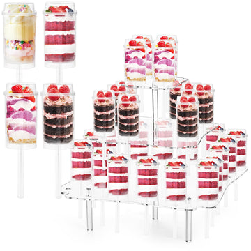 TOPZEA 32 Pack Push Cake Pop Containers & 32 Holes Acrylic Clear Cake Stand, Plastic Reusable Round Shaped Push Up Cakes Pop Shooters Cup with Lids & Treat Stand for Wedding Birthday Christmas Party