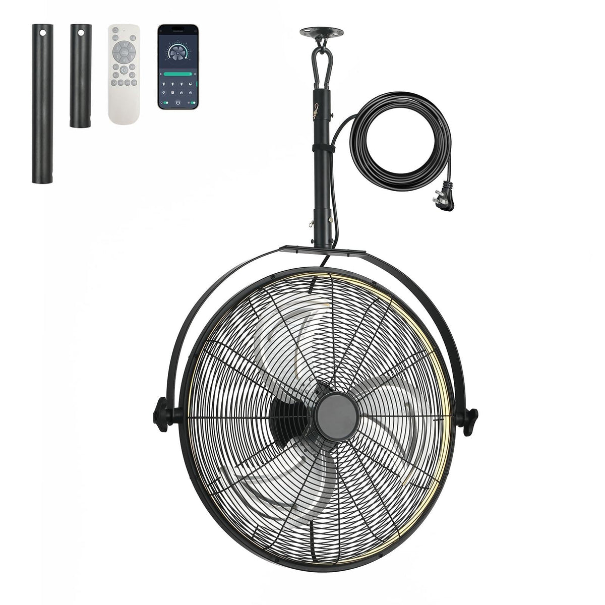 AHAWILL 22.8" Outdoor Hanging Ceiling Fan with Light - 360 Rotatable Fixed Angle,Plug-in,3CCT Dimmable,6 Speeds,Timer & Reversible,2-in-1 Hanging/Standing,Ideal for Gazebos,Patios,Tool Room,Garage.