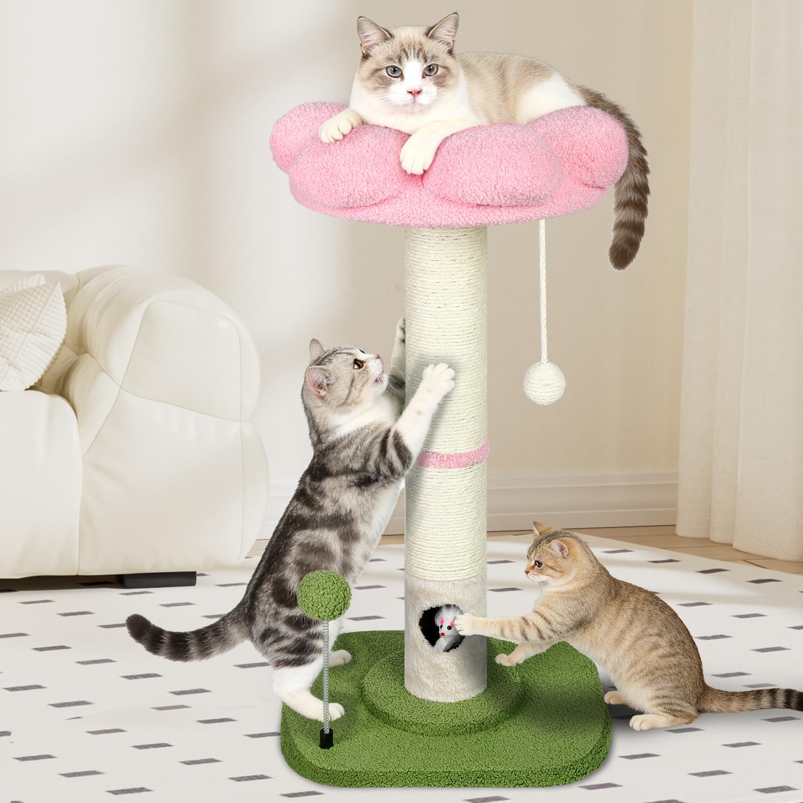 Tall Cat Scratching Post for Indoor Cats Adults, Cat Scratch Post with Sisal Rope Claw Scratcher, Solid Wood Cat Tower with Scratching Post and Cat Toys Mouse Hole, Flower Small Cat Tree (Pink Flower)