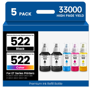 Replacement for 522 High Capacity ET-2800 Ink Refill Bottles for Epson EcoTank Printer Ink ET 2800 ET2800 ET-2803 ET-4800 ET-2720 ET-2400 Eco Tank (5 Pack,2 Black Cyan Magenta Yellow)