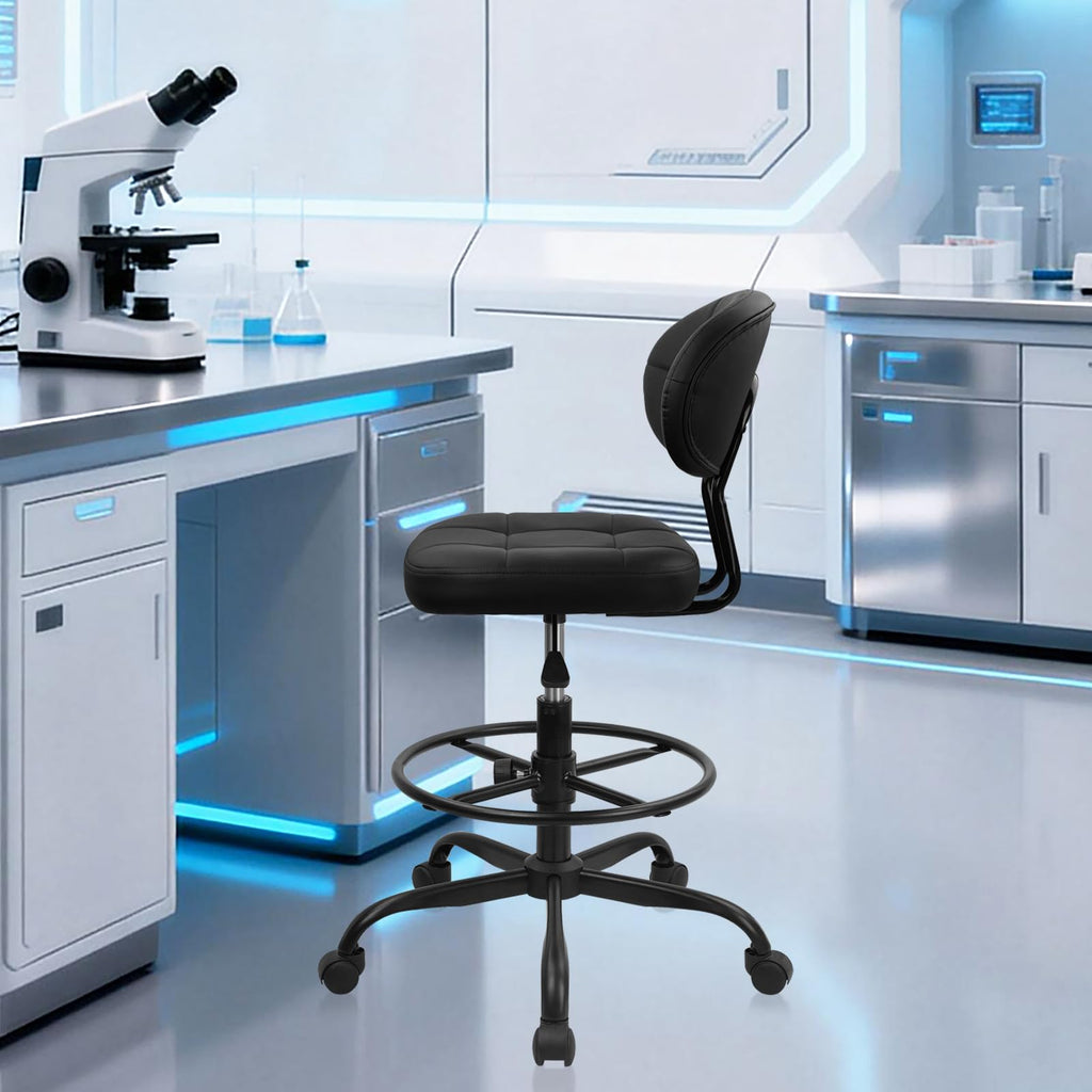 Klasika Drafting Stool with Backrest, Tall Adjustable Height Office Chair, Pu Leather Swivel Rolling Stool with Footrest & Wheels for Standing