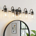 5 Lights Bathroom Light Fixtures Modern Black Vanity Lights for Bathroom Lighting Fixtures Over Mirror with Clear Glass Shade for Cabinet Mirror Bedroom Hallway