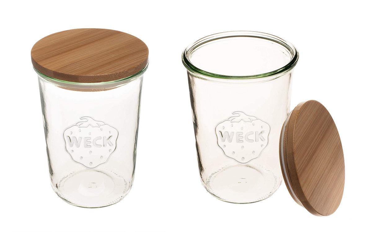 WECK Canning Jars 743-25.3 fl. oz Mold Jars - Eco-Friendly Canning Jar - Storage for Food, Yogurt with Air Tight Seal and Lid - 3/4 Liter Tall Jars Set - Set of (2 Jars with Wooden Lids)