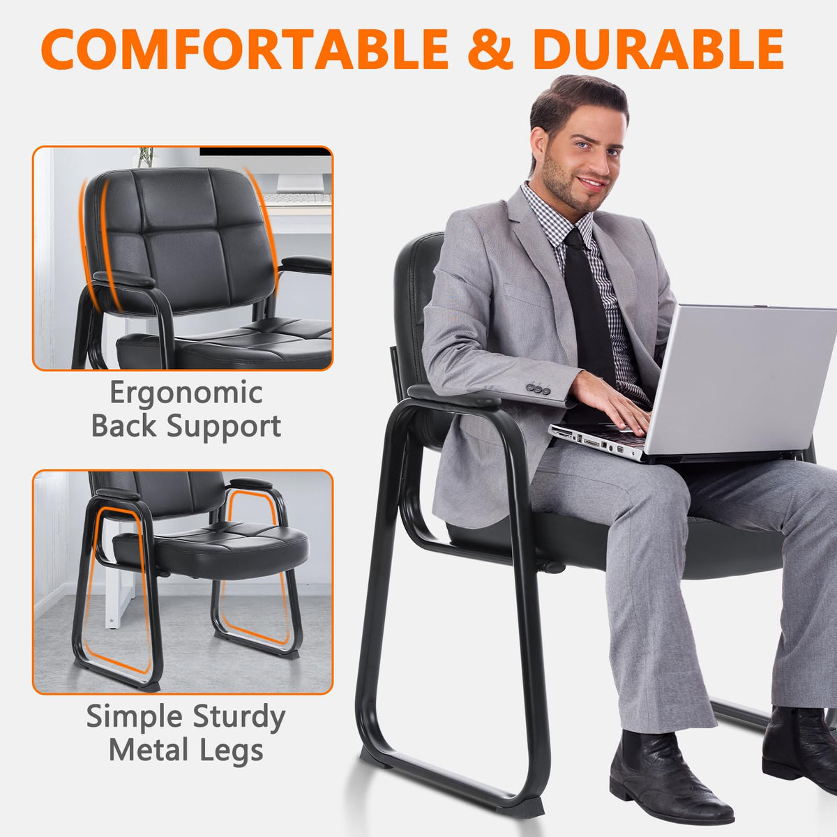 Clatina Big & Tall Waiting Room Guest Chair with Bonded Leather Padded Arm Rest and Sled Base for Office Reception Lobby and Conference Desk,