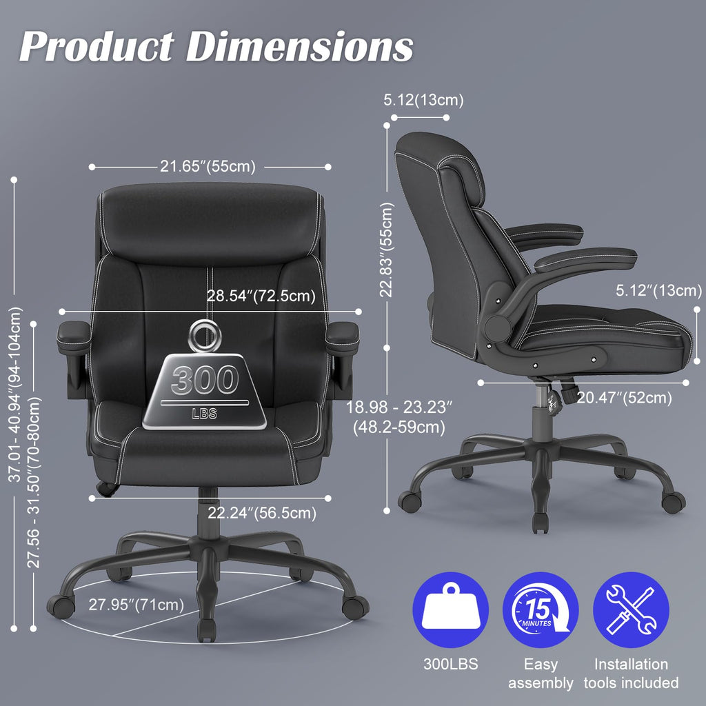 Keratee Executive Leather Office Chair, Ergonomic Home Office Desk Chair with Flip-up Armrests, Adjustable Height, Mid-back with Rocking