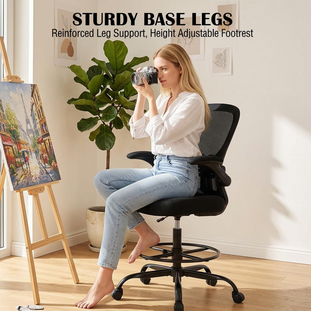 Drafting Chair Tall Office Chair, Standing Desk Chair with Flip-up Armrests, Breathable Mesh High Chair Adjustable Height, Ergonomic Computer