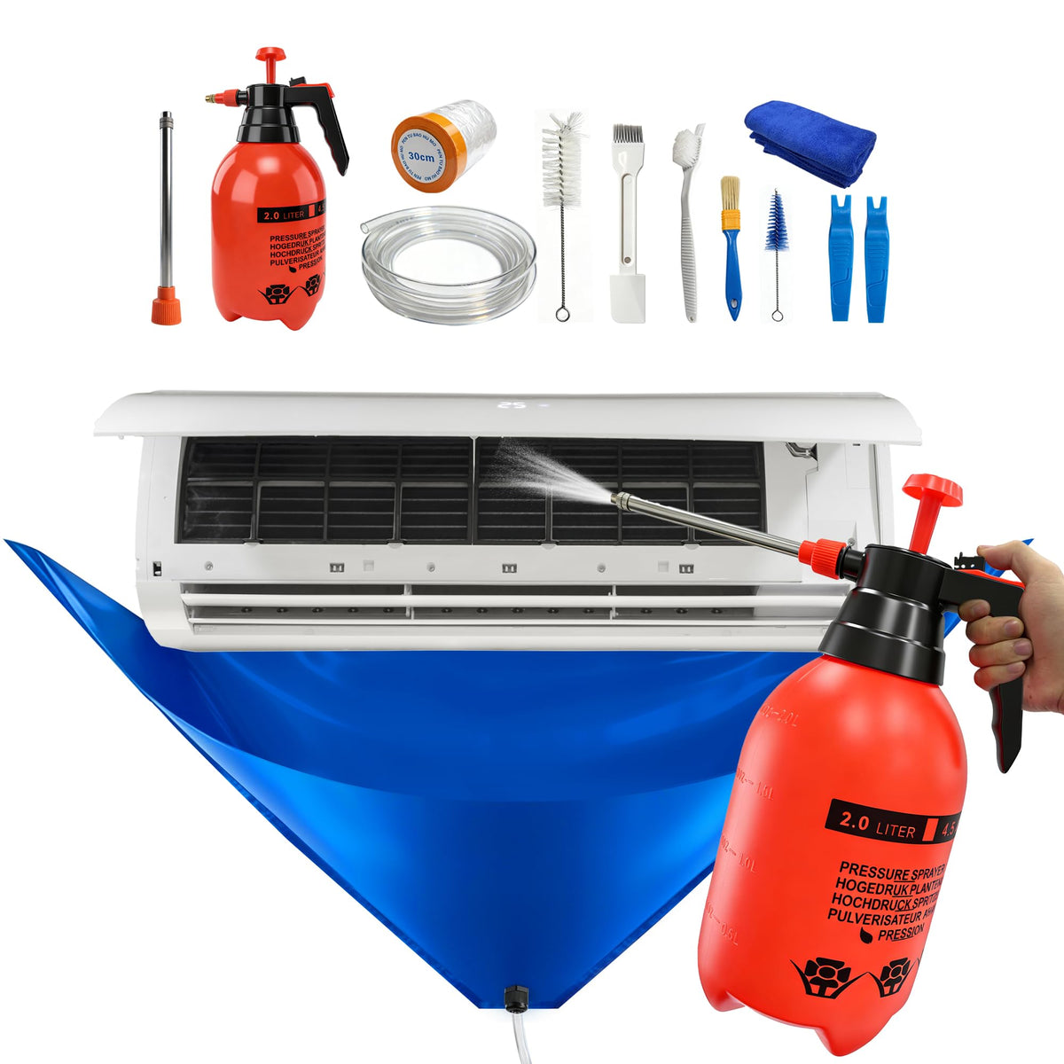 13PCS Mini Split Cleaning Kit with 2L High Pressure Sprayer, Deep Cleaning Air Conditioner, HVAC Cleaning Tools With Waterproof PVC Cleaning Cover & Drain Hose, Professional Ac Cleaning Kit, Large