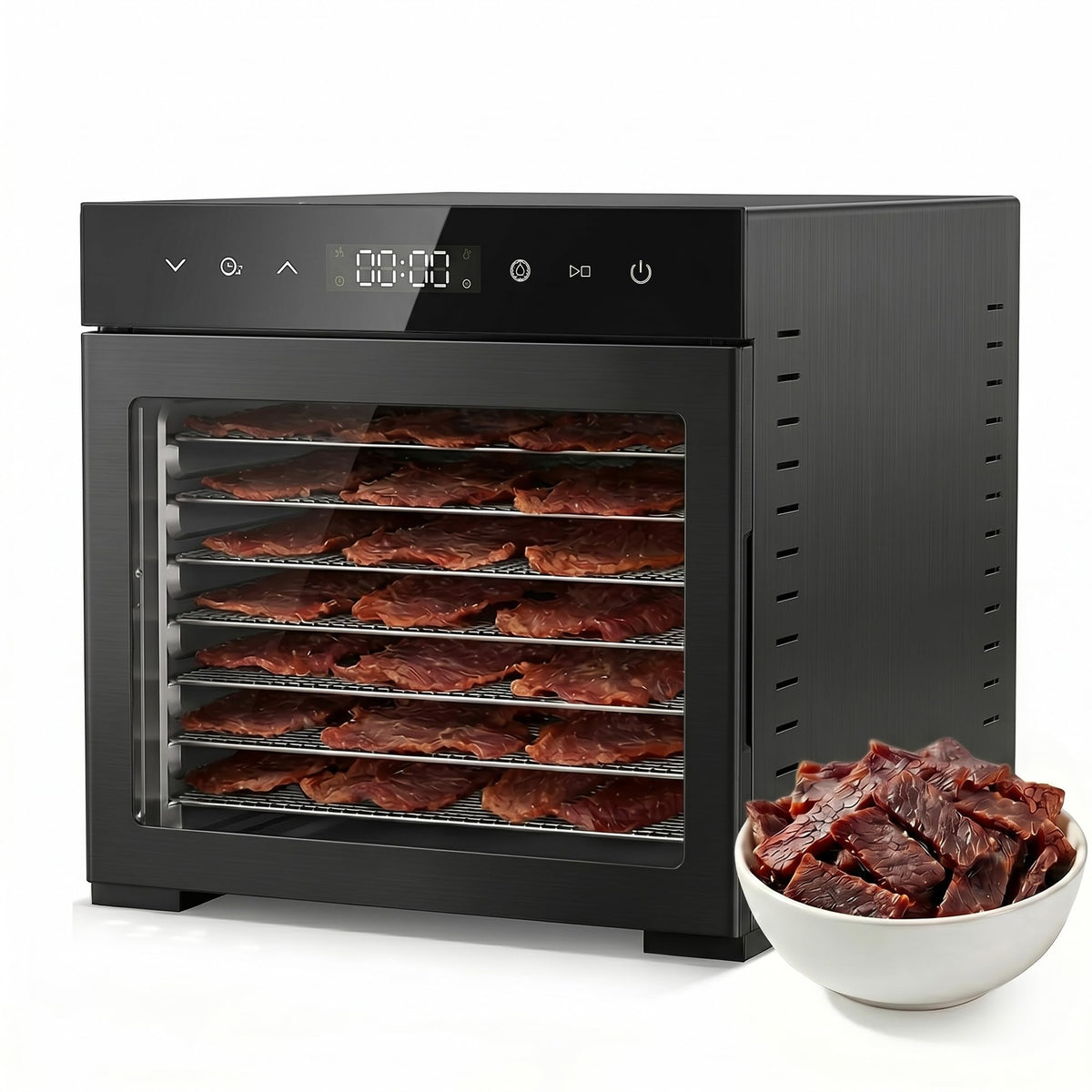 OLIXIS Food Dehydrator Machine, 500W Jerky Dehydrators with 8 Stainless Steel Large Trays, 185°F Temperature Control & 24H Timer Food Dryer for Fruit Meat Herb Dog Treats, Black
