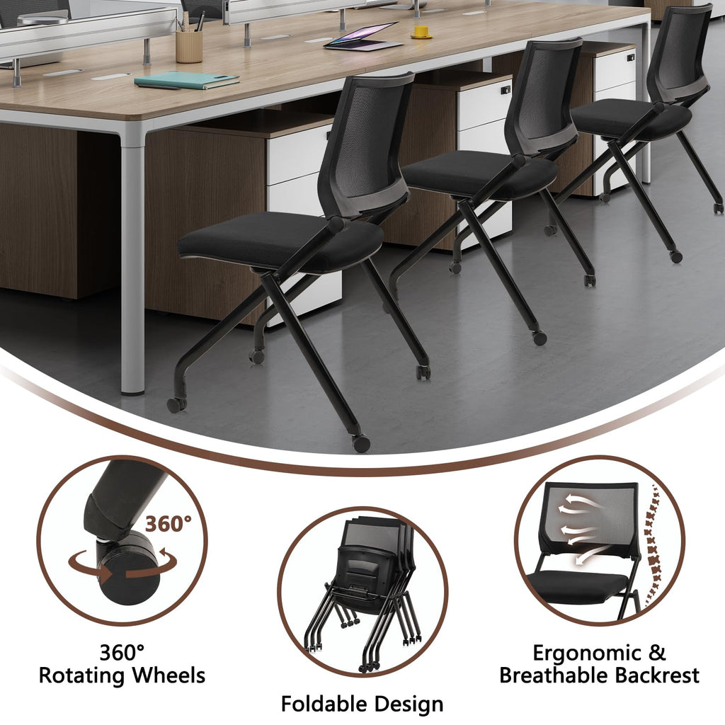 Clatina Stackable & Foldable Conference Room Chairs, Waiting Room Chairs with Wheels & Lumbar Support, Ergonomic Mesh Bouncing Back Folding