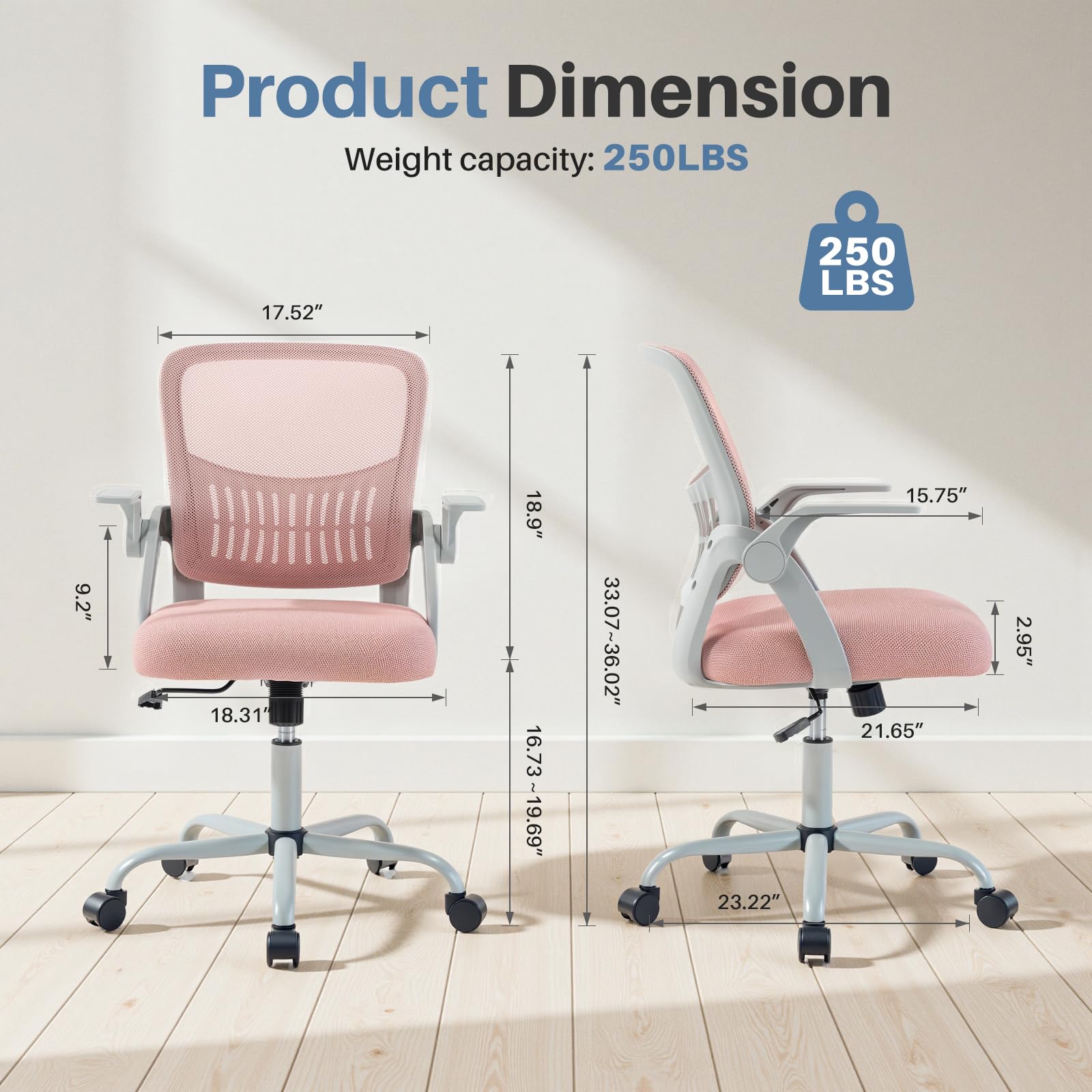 Sweetcrispy Computer Desk Chair, Home Office Chair, Lumbar Support, 23.22 Inch, Pink