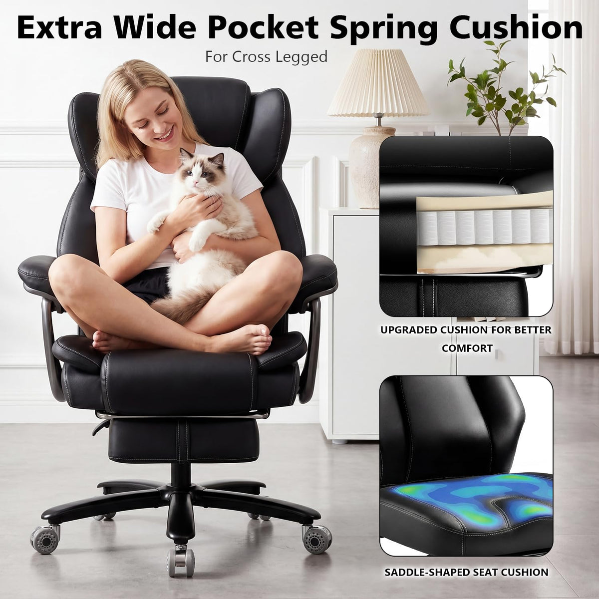 500lbs Reclining Big and Tall Office Chair for Heavy People with Foot Rest, Reclining-black