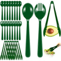 24 Pcs Green Plastic Serving Utensils Set - Heavy Duty Disposable Serving Spoons, Forks & Tongs (8 of Each) - Natural Catering Supplies for Salad Bars, Picnics, Garden Parties & Healthy Themed Events