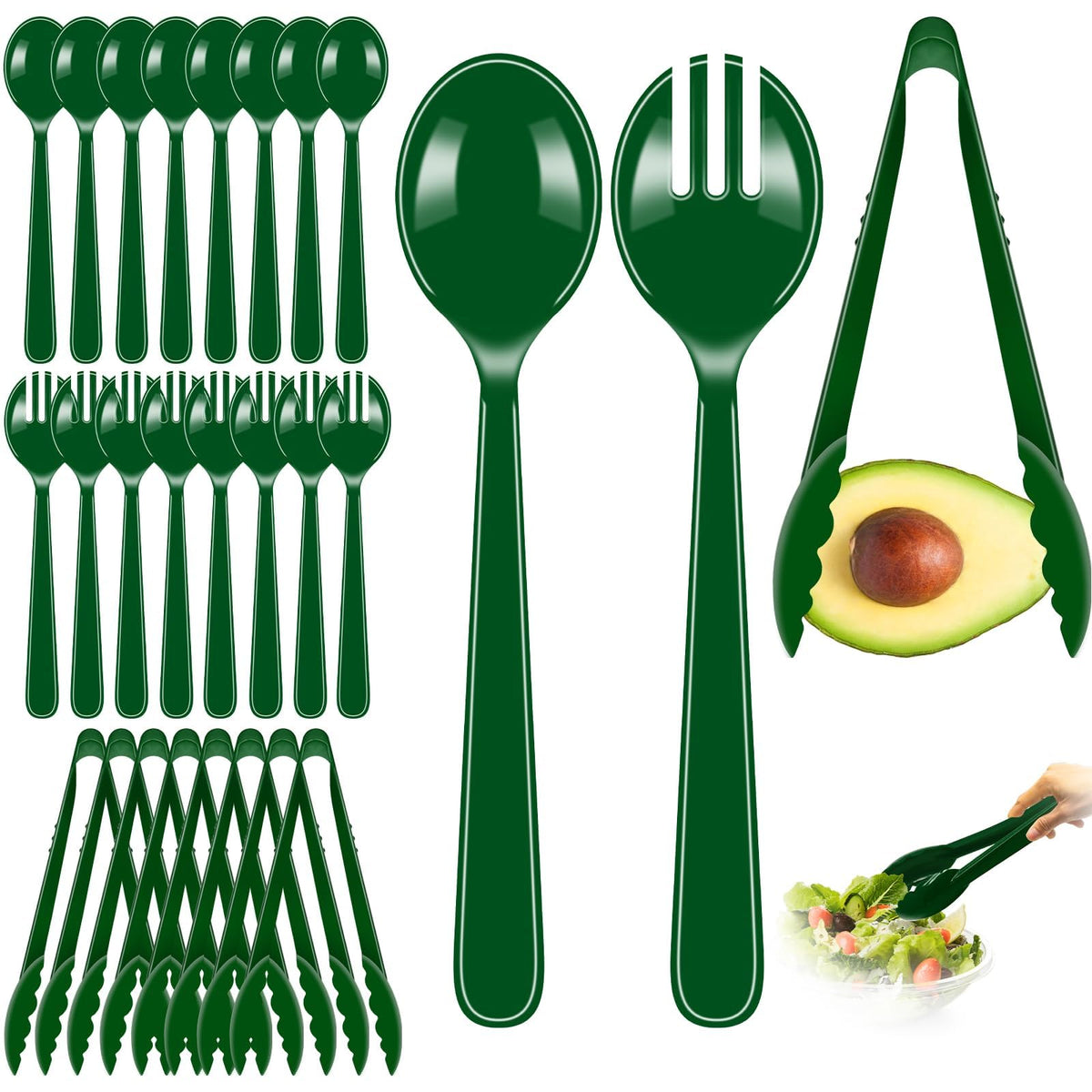 24 Pcs Green Plastic Serving Utensils Set - Heavy Duty Disposable Serving Spoons, Forks & Tongs (8 of Each) - Natural Catering Supplies for Salad Bars, Picnics, Garden Parties & Healthy Themed Events
