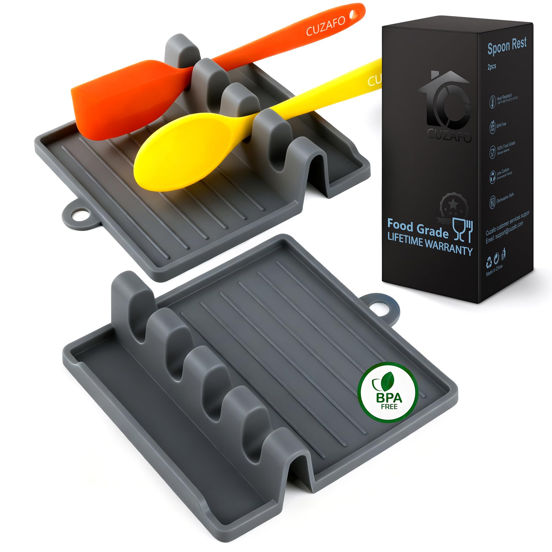 600°F Heat Resistant Silicone Spoon Rest, Multiple Utensil Rest, BPA Free Easy to Clean Dishwasher Safe, (Grey)