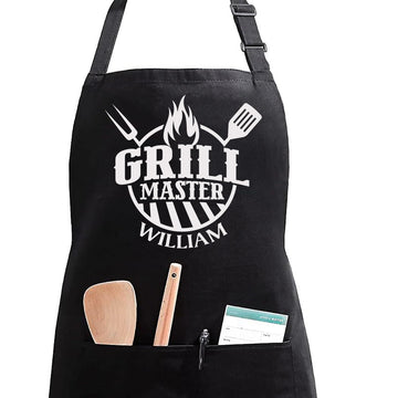 Mens BBQ and Grilling Apron, Custom Fathers Day Grill Master Apron, Personalized Black Chef Kitchen Apron for Dad or Grandpa, Grill Lover Gifts,Christmas or Fathers Day Gift, Delantales de cocina