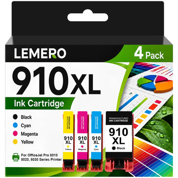 LEMERO 910XL Ink Replacement for HP 910XL Ink Cartridges Combo Pack 910 Ink 910XL Work for OfficeJet 8010 8015 8018 8022 OfficeJet Pro 8020 8025 8028 8035 Printers, Black and Color