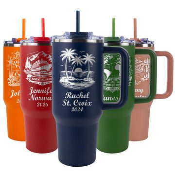 Personalized Vacation Tumbler 40 oz – Engraved Tumbler, With Handle, 2 Straws, Brush and Pad, for Family Vacation, Girls Trip & Cruise, Beach & Road Trip Cup, Durable Powder Coated, Made in USA