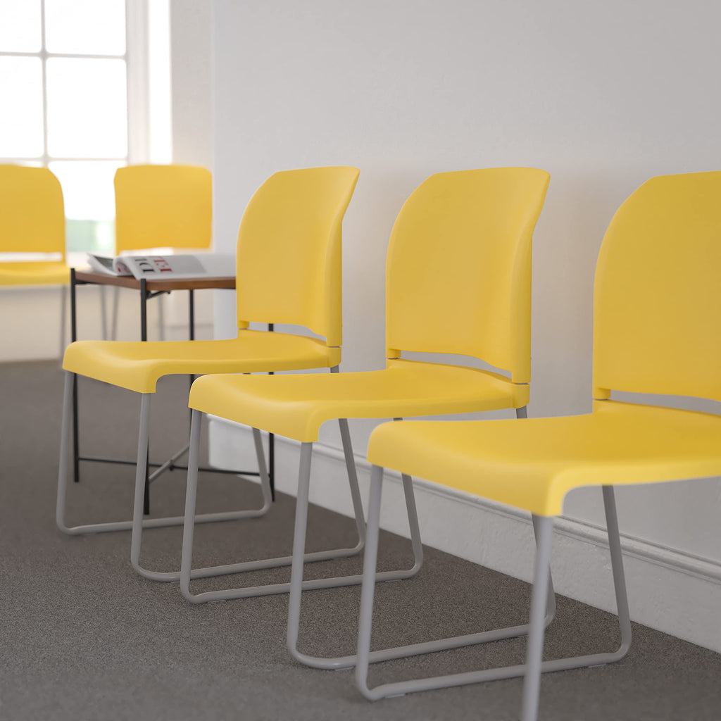 Flash Furniture Hercules Series 5 Pack 880 Lb. Capacity Yellow Full Back Contoured Stack Chair with Gray Powder Coated Sled Base