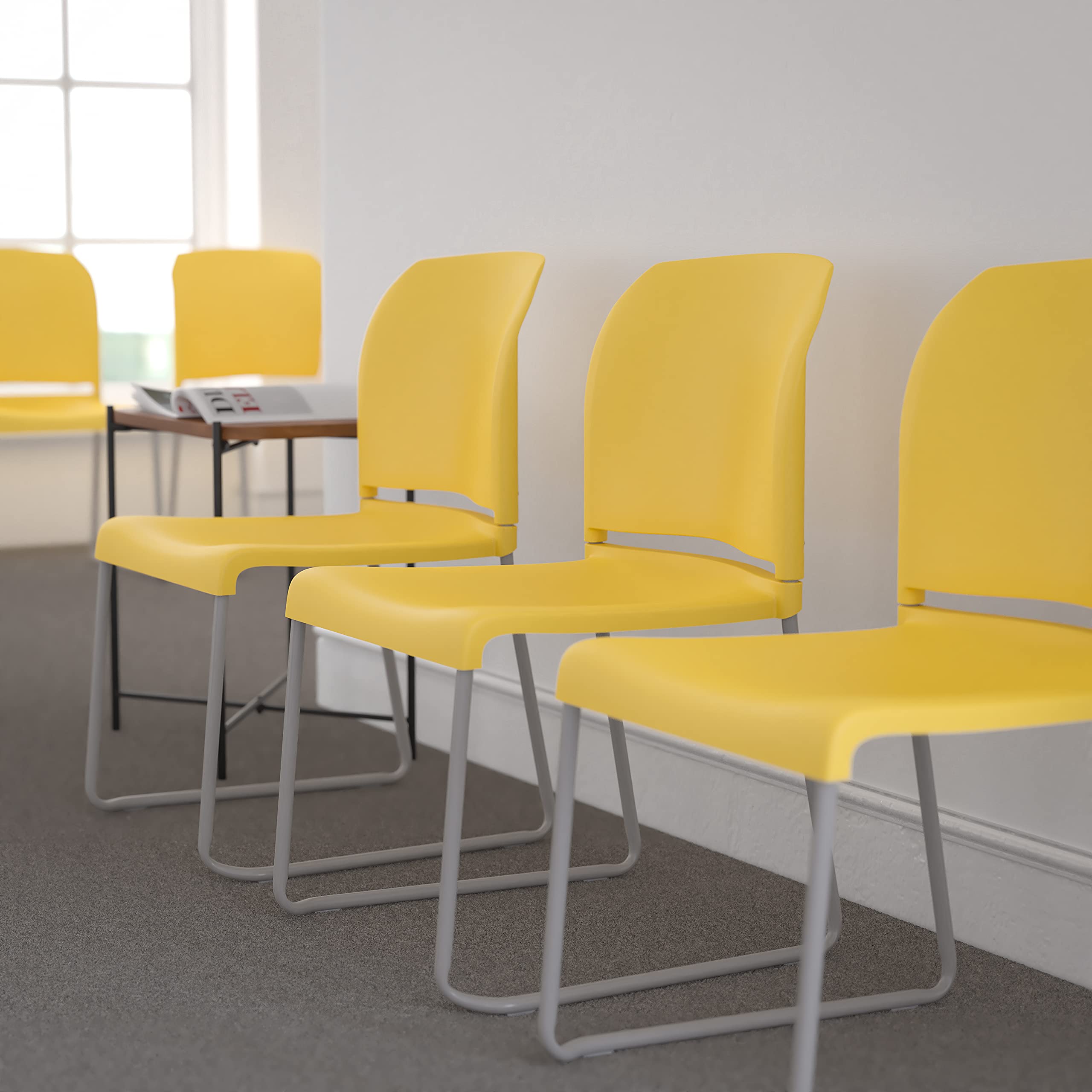 Flash Furniture Hercules Series 5 Pack 880 Lb. Capacity Yellow Full Back Contoured Stack Chair with Gray Powder Coated Sled Base