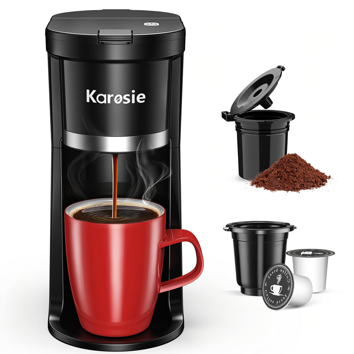 Small Single Serve Coffee Maker, Fast Brew for K-Cup & Ground Coffee, 6-12 Oz Brew Sizes, One-Button Single Cup Coffee Maker, Coffee Machine with Descaling Reminder