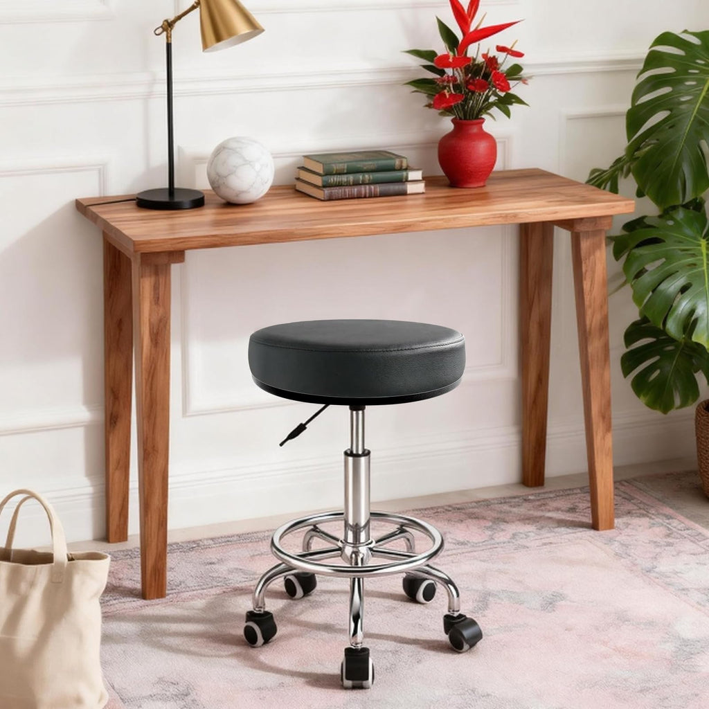 Peonaz Heavy Duty Round Rolling Stool 500lb, Pu Leather 360-degree Support Full-edge Cover Layer Drafting Chair with Wheels, Height Adjustable