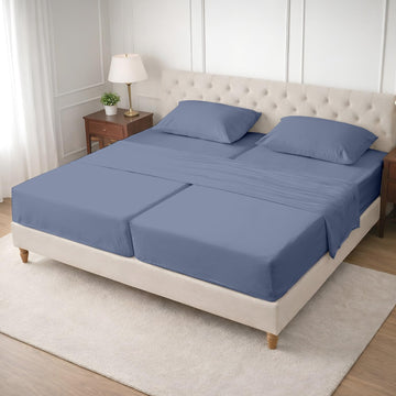 SGI Split King Sheet Set for Adjustable Bed Egyptian Premium Cotton 600 Thread Count Sheet for Sleep Number Bed 15" Deep Pocket 5 Pc Set with 2 Twin XL Fitted Sheets Soft Breathable Mediterranean Blue