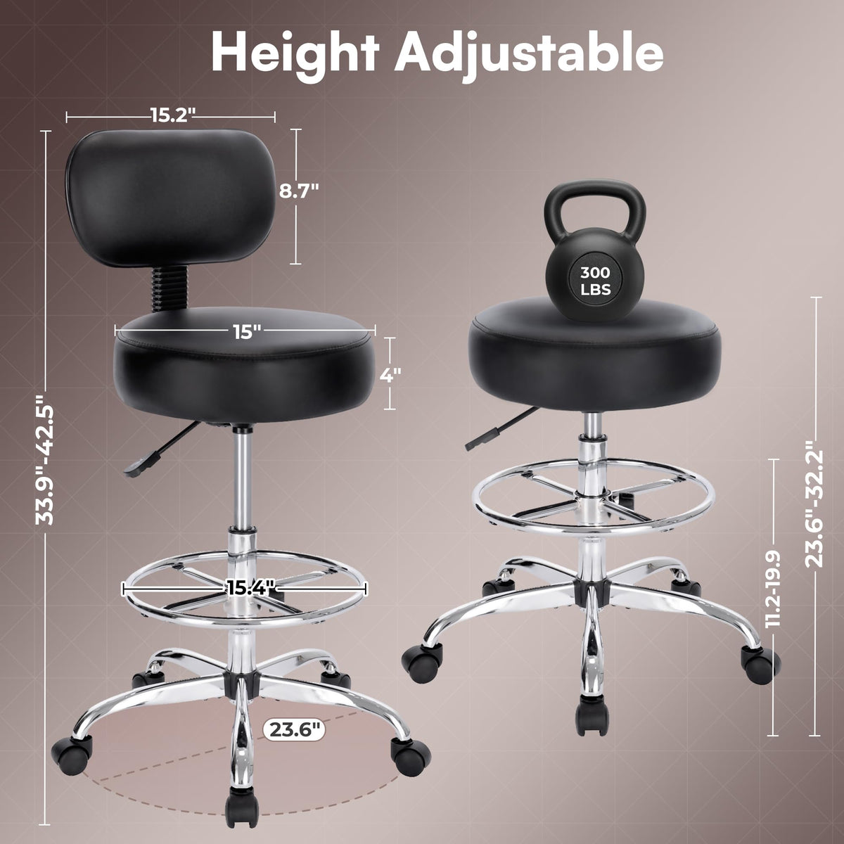 Superjare Drafting Chair with Back, Set of 3, Swivel Barstools, Adjustable Height Rolling Stool with Footrest, Standing Desk Chair for Counter