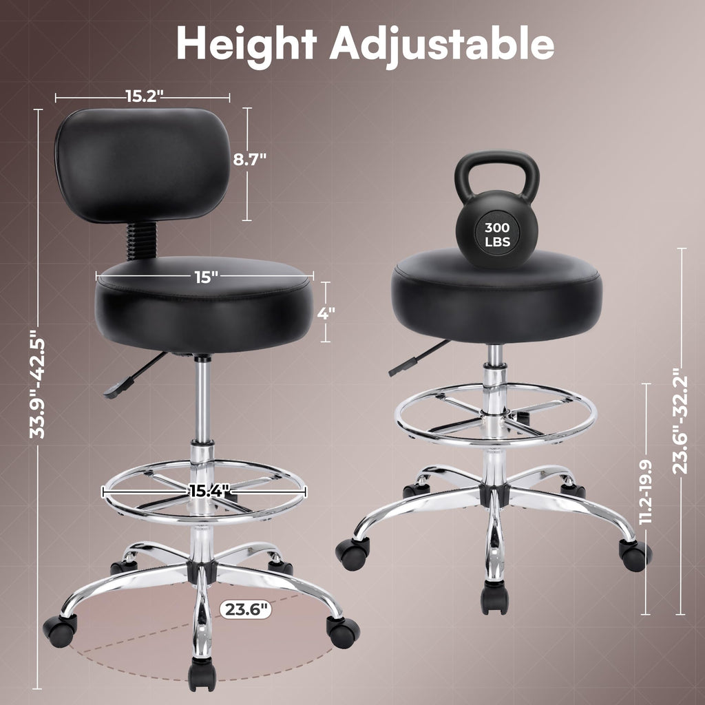 Superjare Drafting Chair with Backrest, Adjustable Foot Rest Rolling Stool, 23.6"D x 23.6"W x 35.8"H, Black