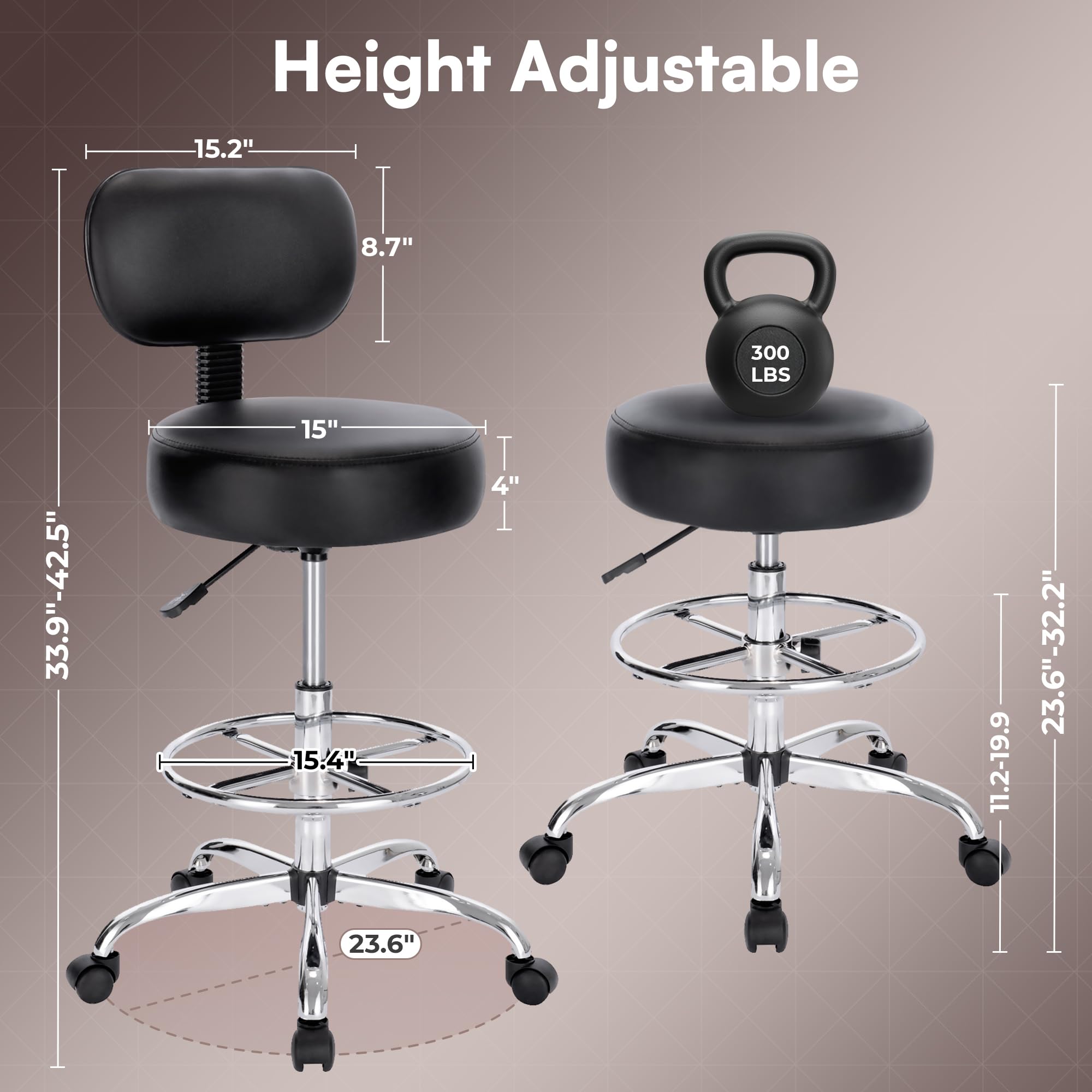 Superjare Drafting Chair with Backrest, Adjustable Foot Rest Rolling Stool, 23.6"D x 23.6"W x 35.8"H, Black